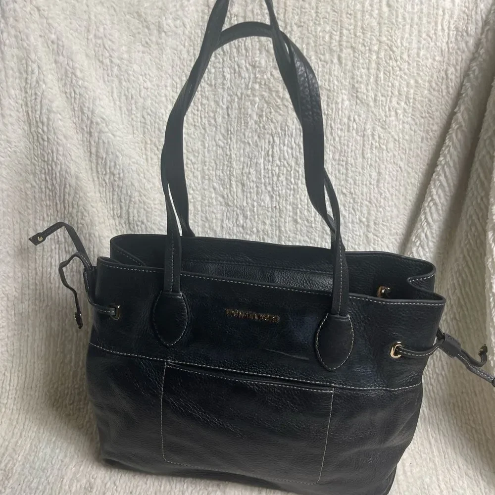 Michael Kors Black Leather Shoulder Bag with side drawstring gold tone hardwares